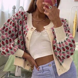 Multi-coloured knitted floral cardigan
